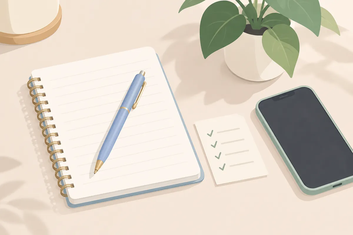 Cuaderno con una lista de comprobación junto a una planta y un móvil, como imagen de preparar los mensajes con calma