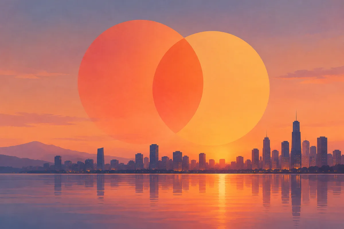 Ilustración abstracta de dos círculos que se solapan sobre una ciudad al atardecer, en tonos cálidos