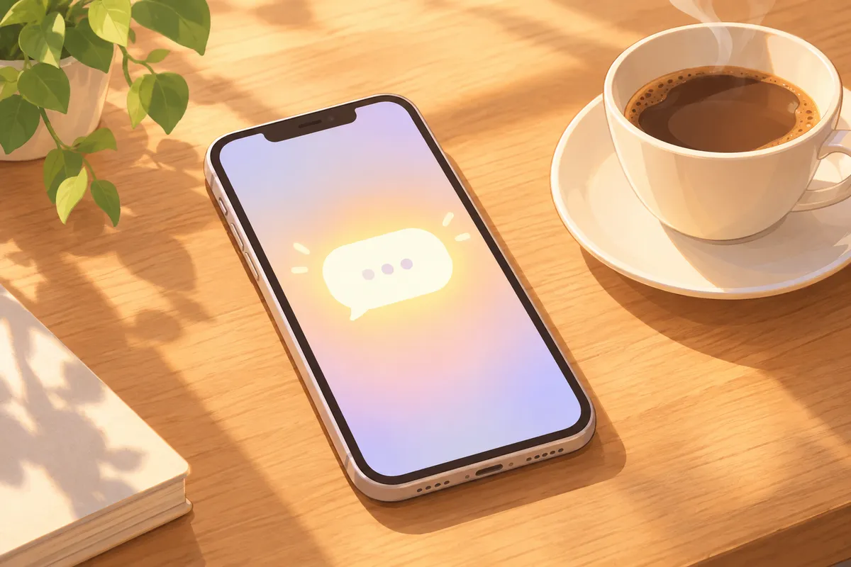Móvil sobre una mesa junto a un café, con una burbuja de chat vacía lista para escribir el primer mensaje