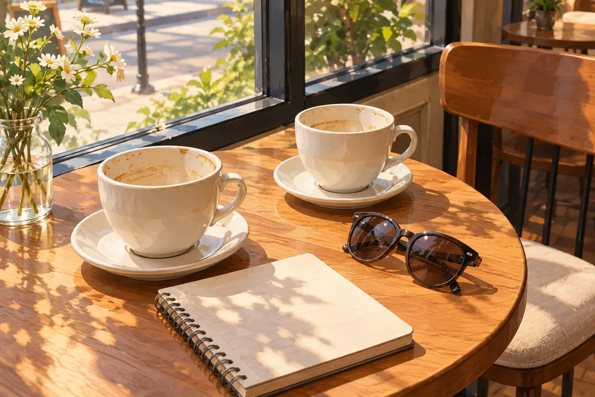 Dos tazas de café sobre una mesa junto a una ventana luminosa, ambiente tranquilo para una primera cita