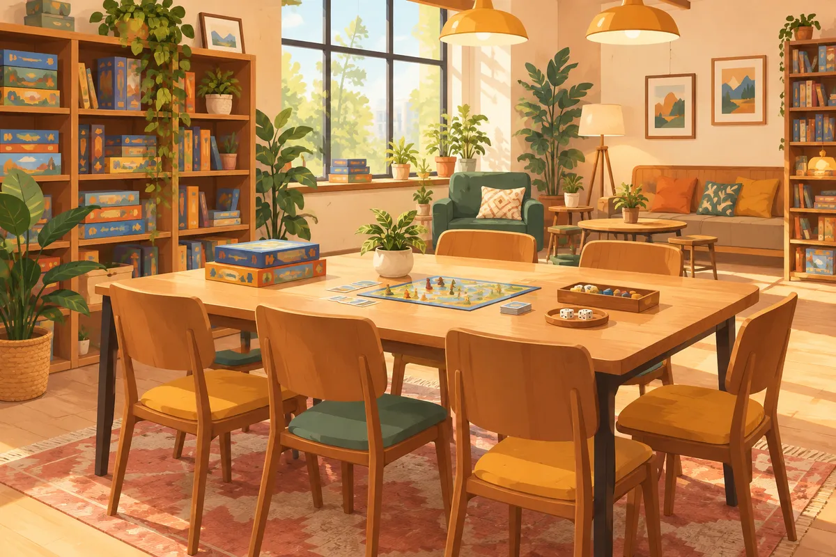 Ilustración de un espacio comunitario acogedor con sillas, mesa, juegos de mesa y plantas, sin personas