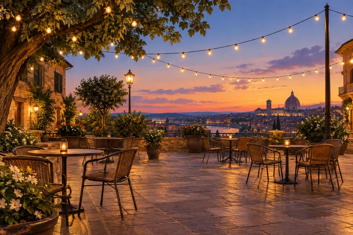 Terraza de una plaza al atardecer con sillas vacías y guirnaldas de luces en un ambiente tranquilo