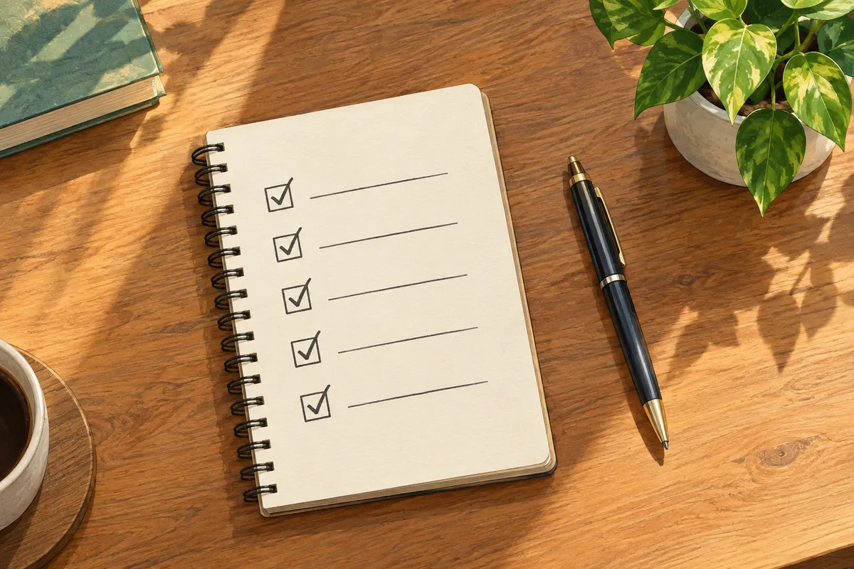 Cuaderno con una lista de comprobaciones dibujadas, símbolo de prepararse antes de una cita