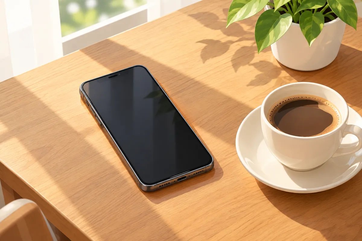 Móvil sobre una mesa de madera junto a una taza de café y una planta pequeña