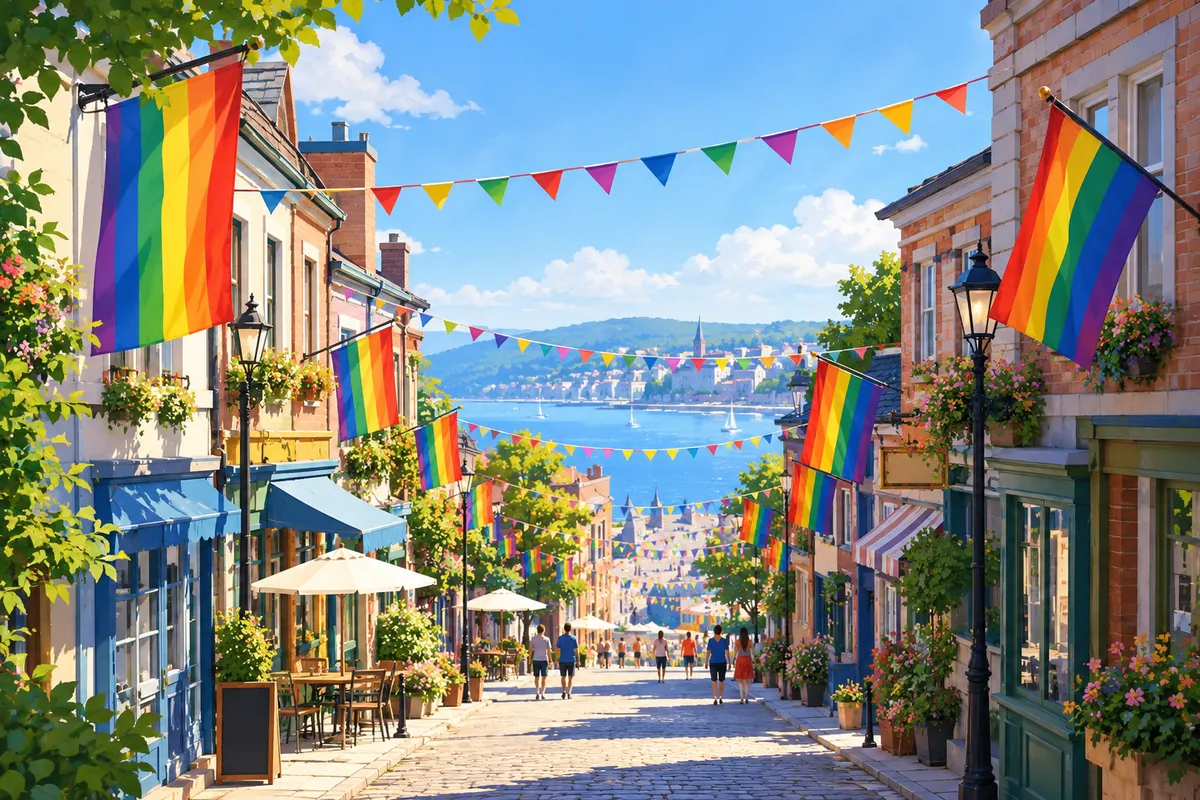 Calle con banderas y guirnaldas de colores colgadas entre edificios durante unas fiestas del orgullo