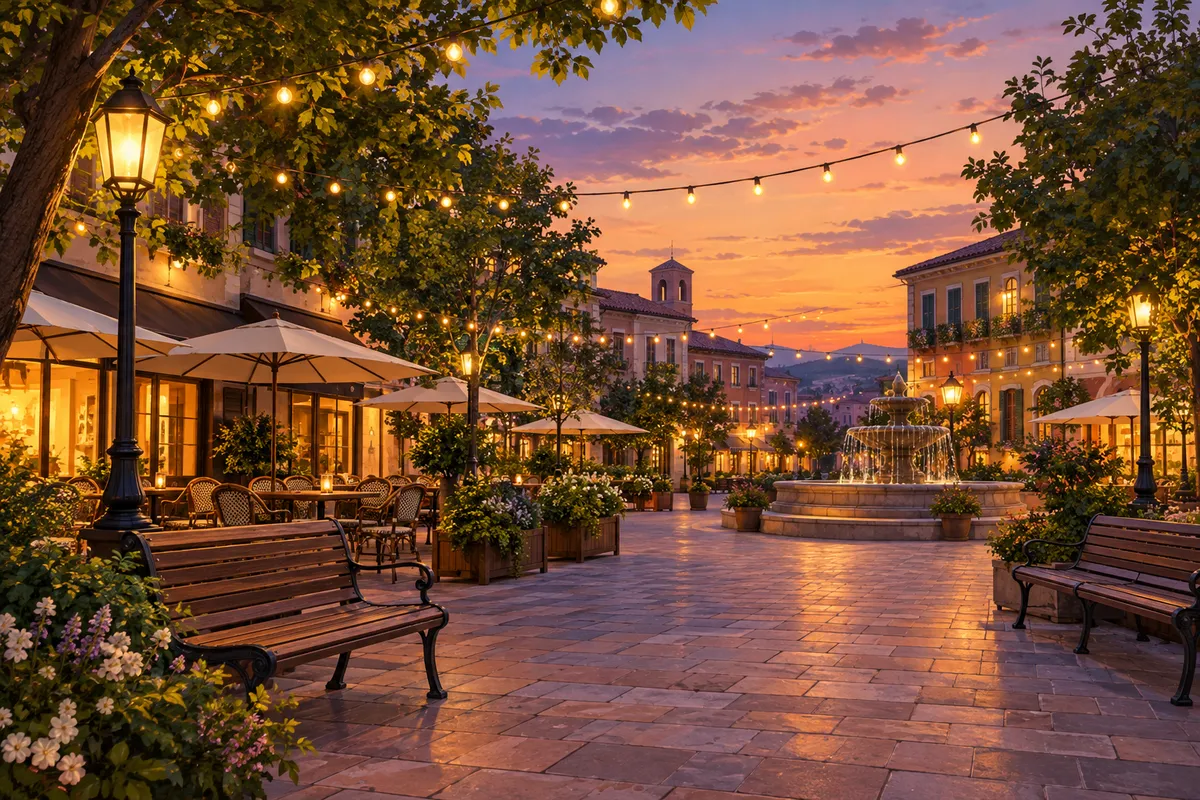 Plaza tranquila con bancos y terrazas iluminadas al anochecer, un lugar público para una primera cita