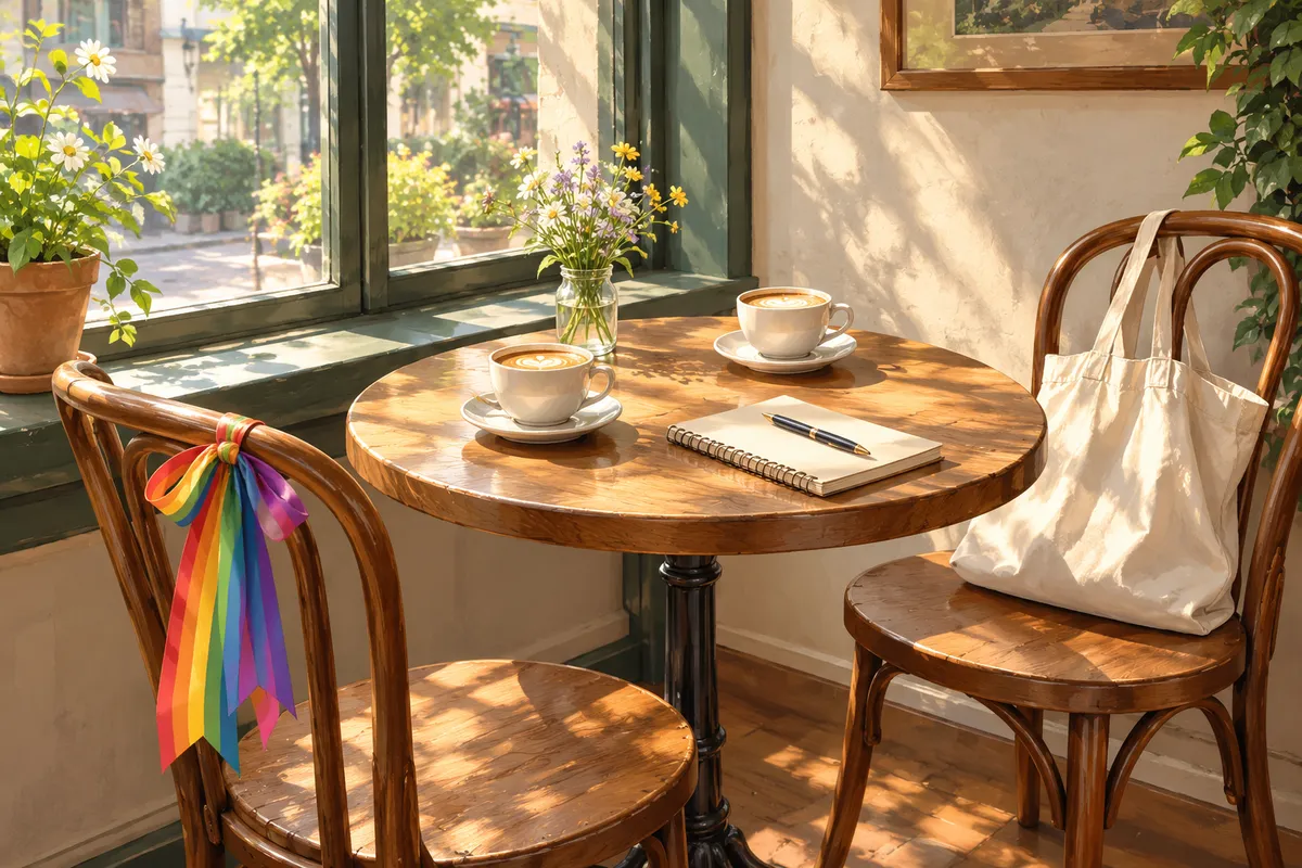 Mesa de cafetería con dos tazas y una cinta de colores del arcoíris junto a la ventana