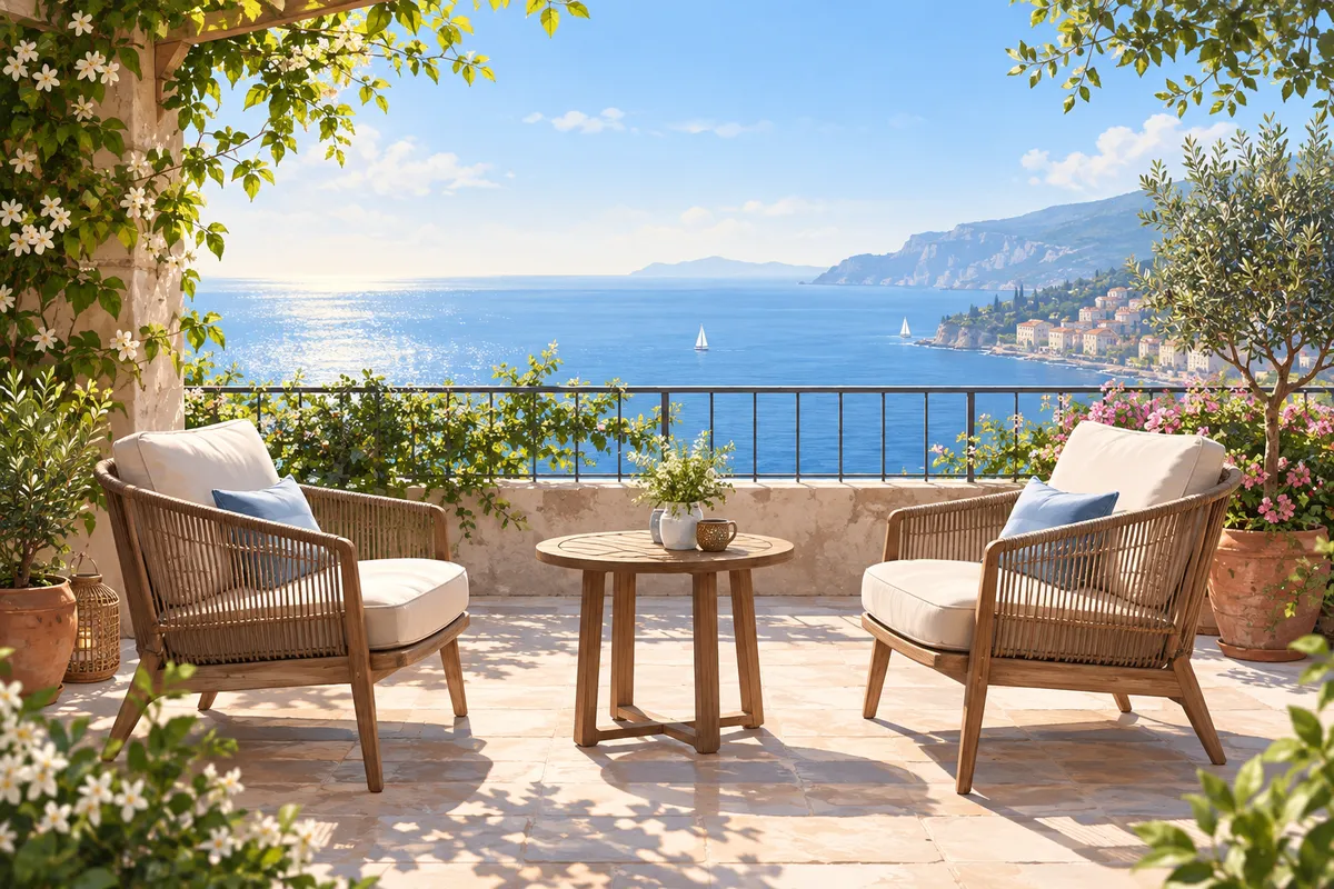 Dos sillas vacías en una terraza soleada con plantas y vistas al mar, símbolo de una primera cita tranquila