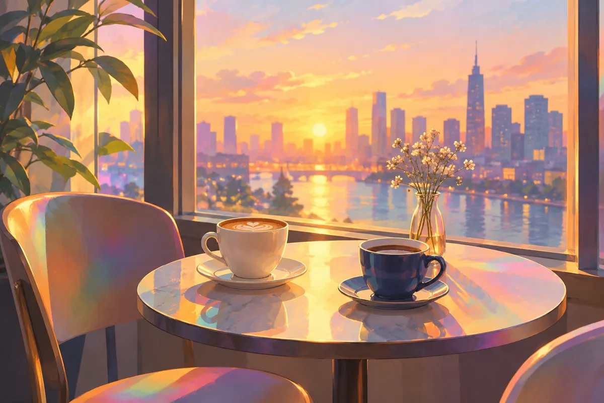 Ilustración de dos tazas de café en una mesa junto a una ventana al atardecer, con tonos suaves de colores del arcoíris