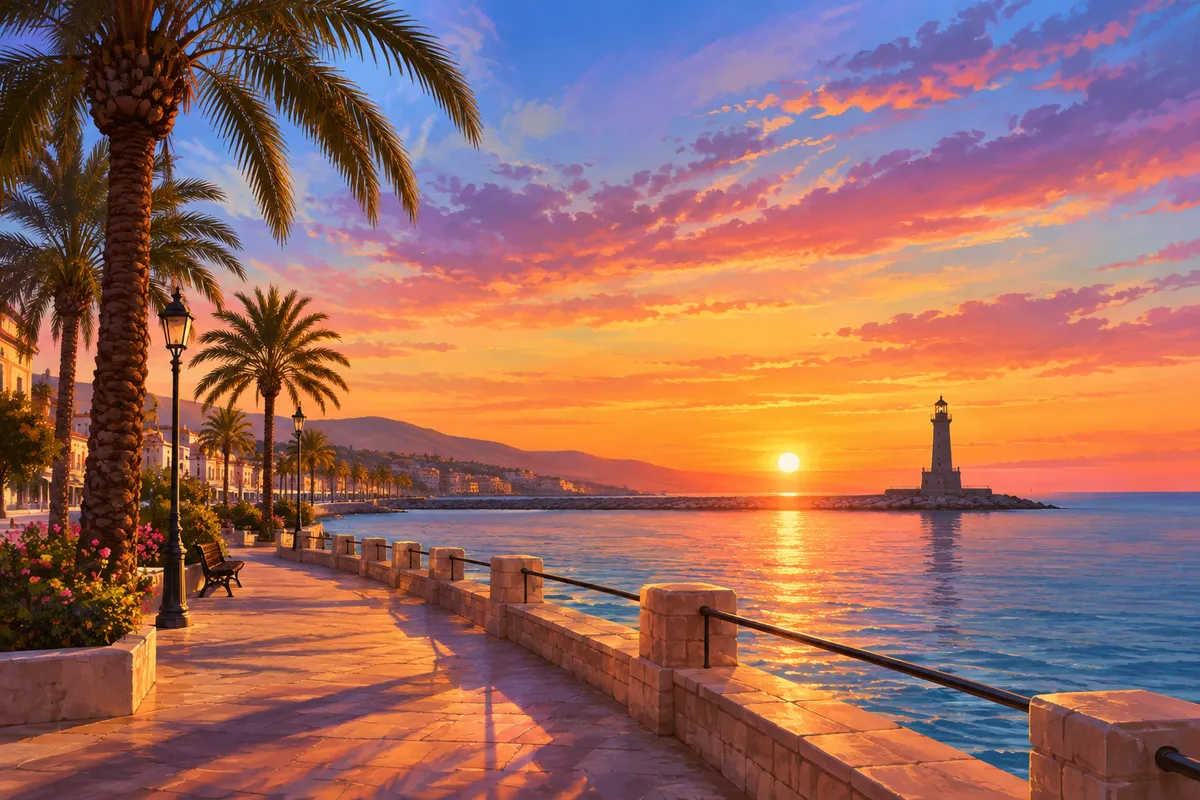 Ilustración de un paseo marítimo mediterráneo al atardecer con palmeras y un cielo de colores suaves