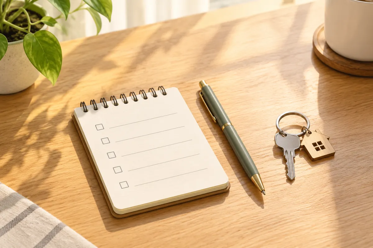 Libreta con una lista de comprobación, un bolígrafo y una llave sobre una mesa de madera