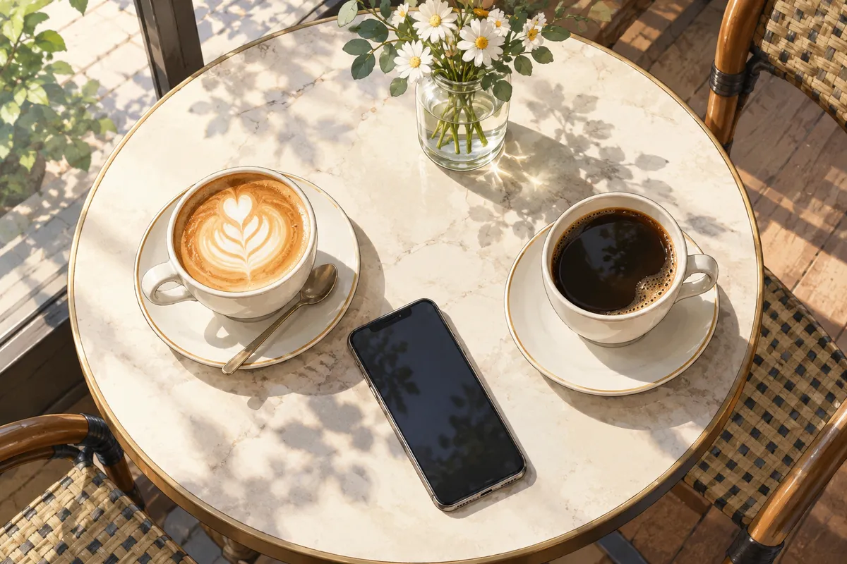 Dos tazas de café en una mesa con un móvil en medio, ambiente tranquilo de primera cita
