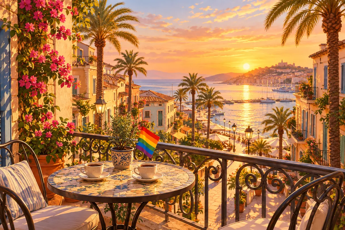 Calle mediterránea al atardecer con terrazas y una pequeña bandera arcoíris en un balcón