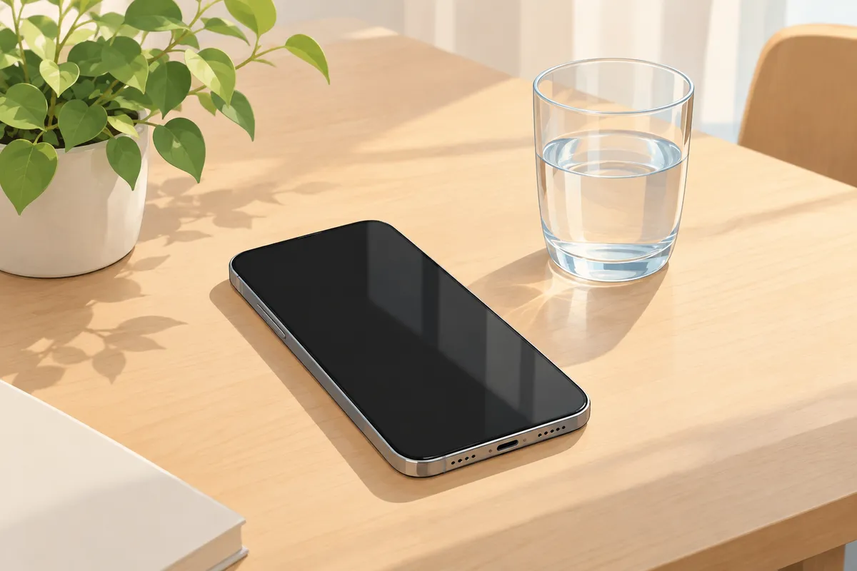 Un móvil sobre una mesa junto a un vaso de agua y una planta, imagen de calma antes o después de la cita