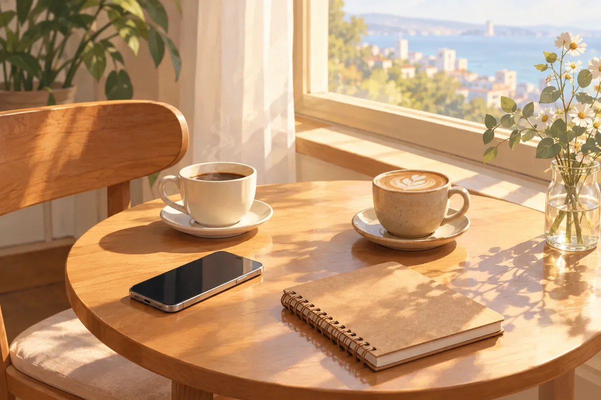Mesa junto a una ventana con dos tazas de café, un móvil y una libreta en una luz cálida de mañana
