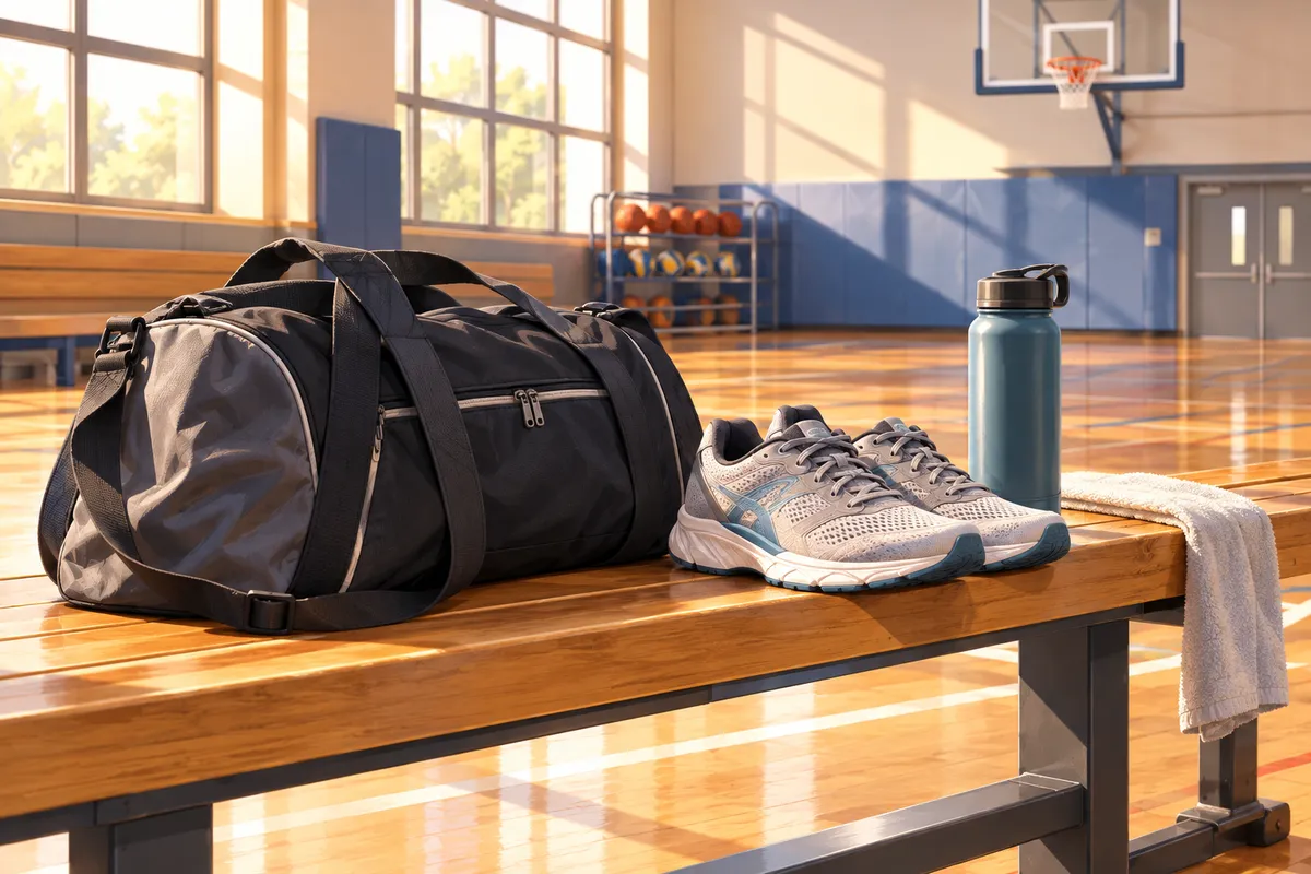 Bolsas de deporte y zapatillas sobre un banco en un polideportivo, imagen ilustrativa de actividades en grupo
